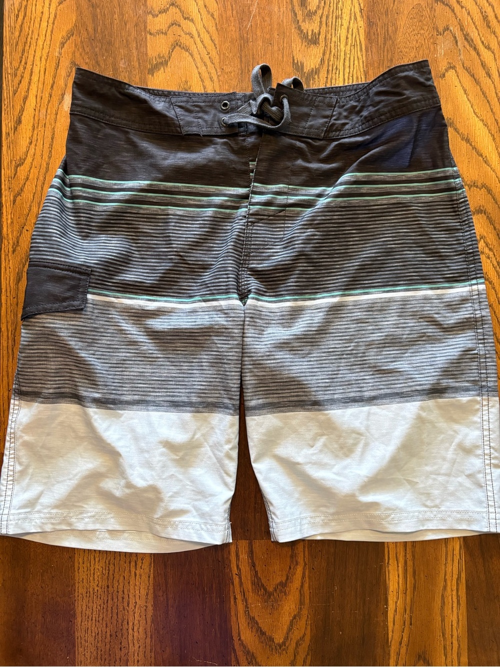 Sonoma Black, Gray and White Striped Men's Swim Board Shorts with Teal Accents